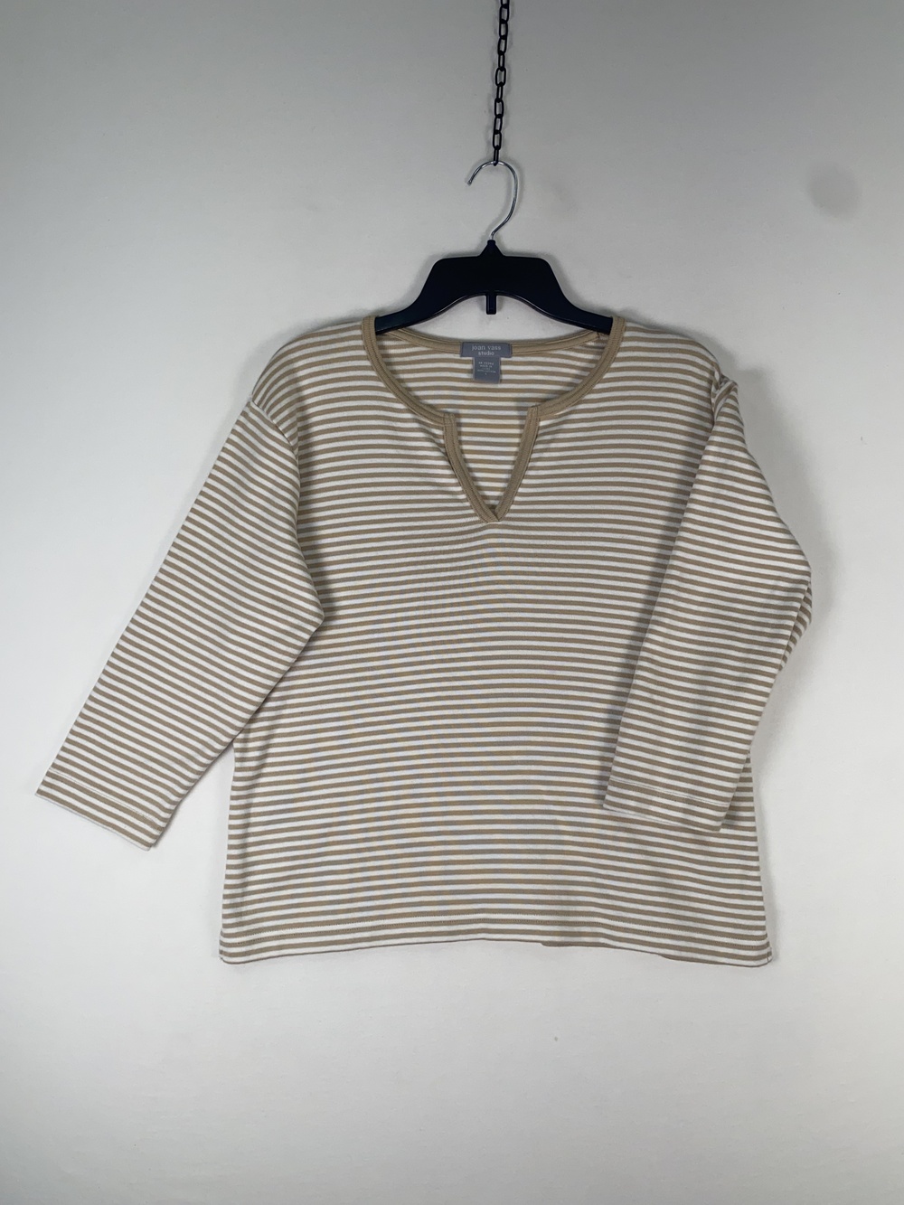Joan Vass T-shirt Womens Large Beige Stripe 3/4 Sleeve Split Neck Cotton Top
